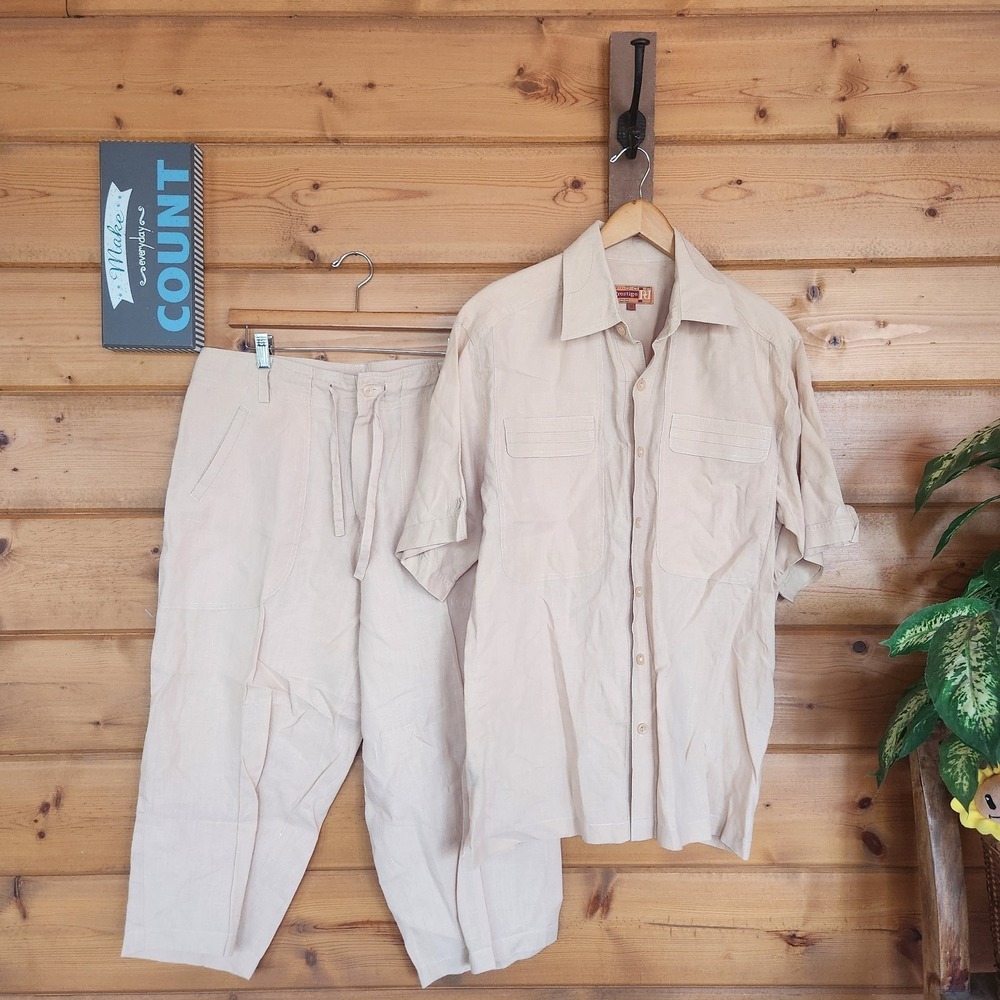 Royal Prestige Vintage 100% Linen Outfit Pant Top Set Beach Resort Cropped Sz M